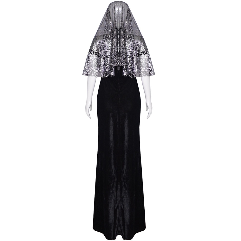 Hotel Transylvania Mavis black velvet gown with spiderweb mesh yoke, veil and fingerless gloves