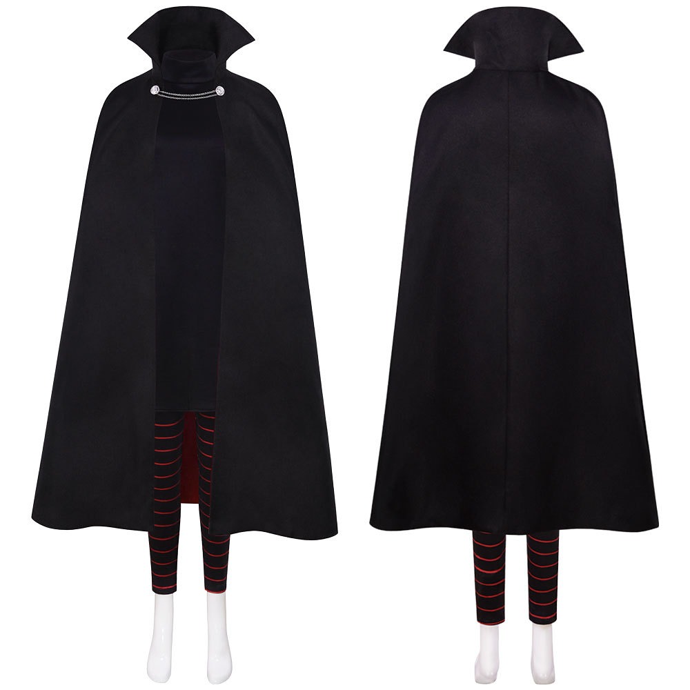 Hotel Transylvania Mavis black dress with mesh sleeves, striped leggings and high-collar cape