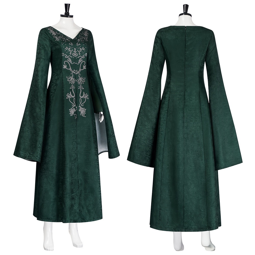 Alicent Hightower dark green V-neck gown with bell sleeves, front and back views