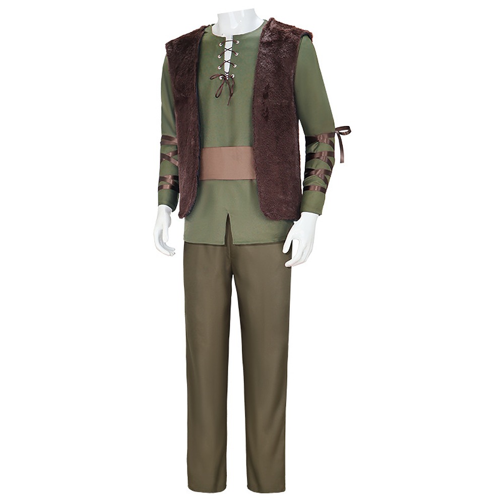 Hiccup cosplay costume with green lace-up tunic, brown faux fur vest and trousers