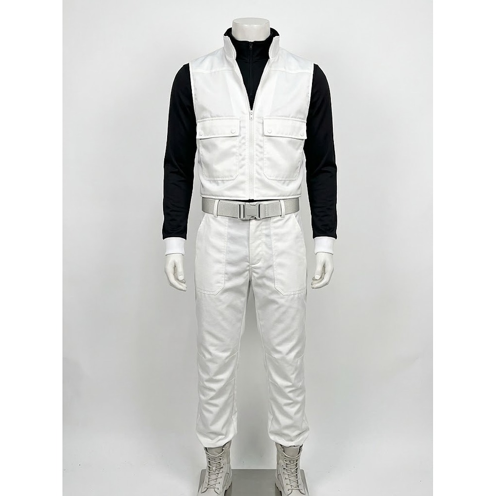 White stand-collar vest and trousers from the Haymitch Abernathy Sunrise on the Reaping cosplay set