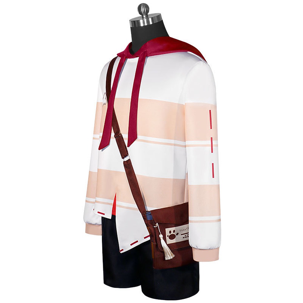 Identity V Postman Victor Grantz Lawson collab cosplay costume front view with striped top and messenger bag