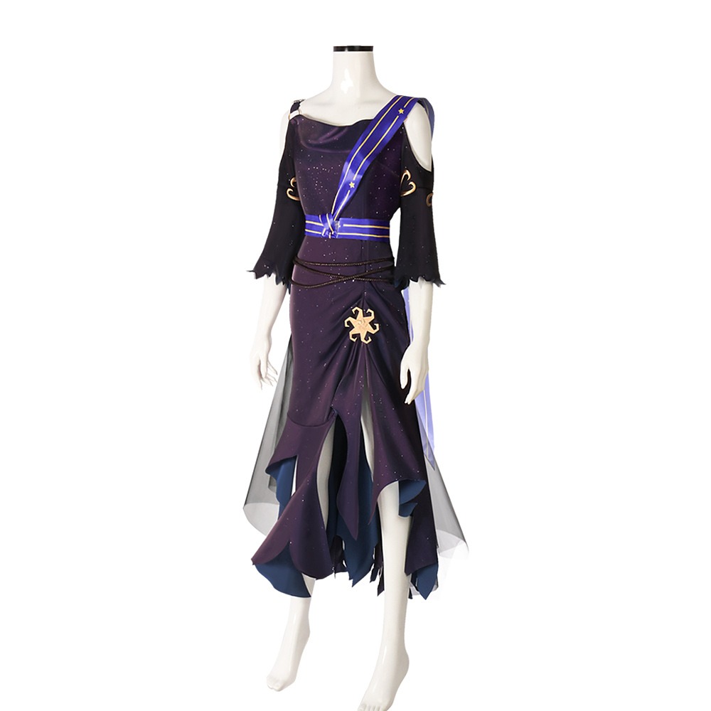 Front view of Identity V Priestess Fiona Gilman purple starry off-shoulder dress