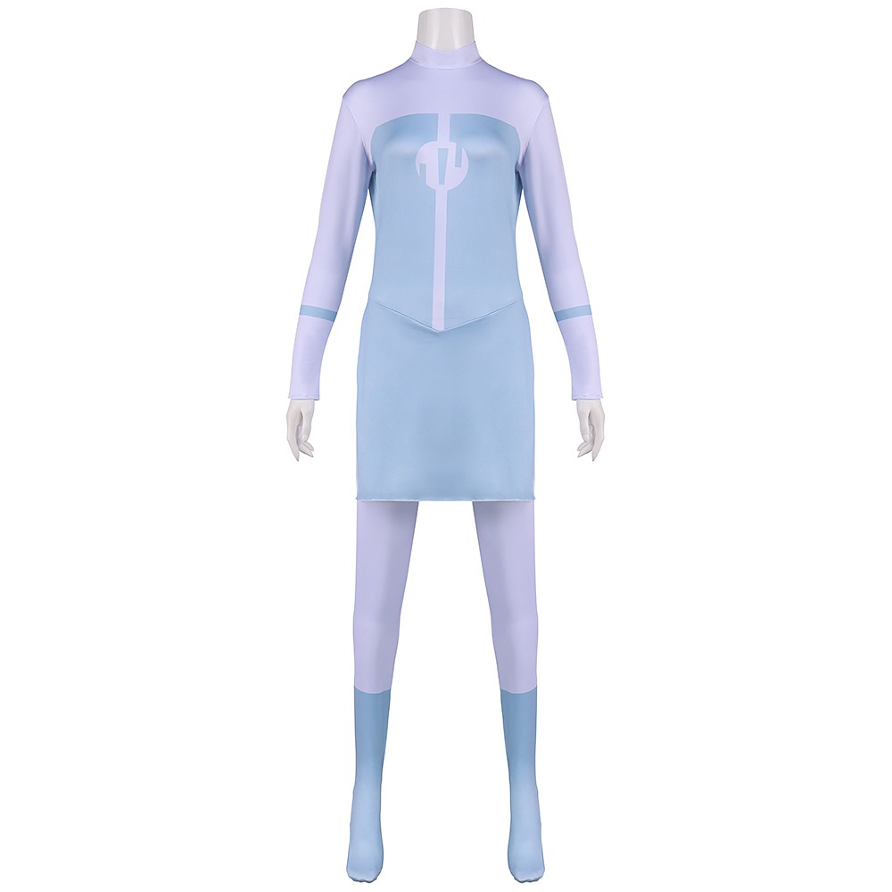 Invincible Anissa costume with lavender high-neck bodysuit and light blue Viltrumite emblem tunic front