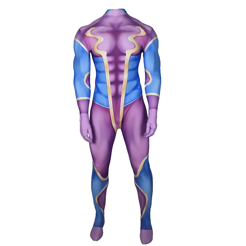 Star Platinum blue cosplay jumpsuit with purple torso and printed muscle detail