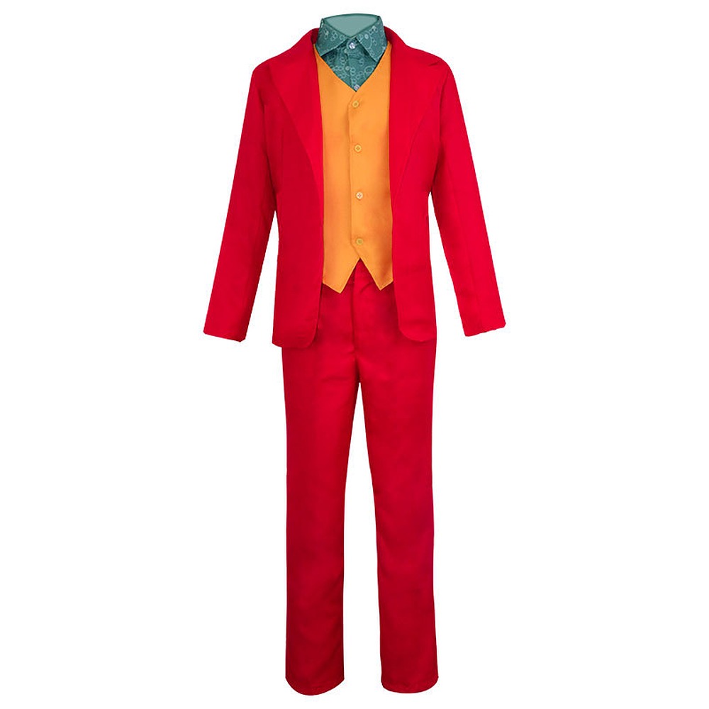 Arthur Fleck Joker cosplay red suit with orange vest and green patterned shirt