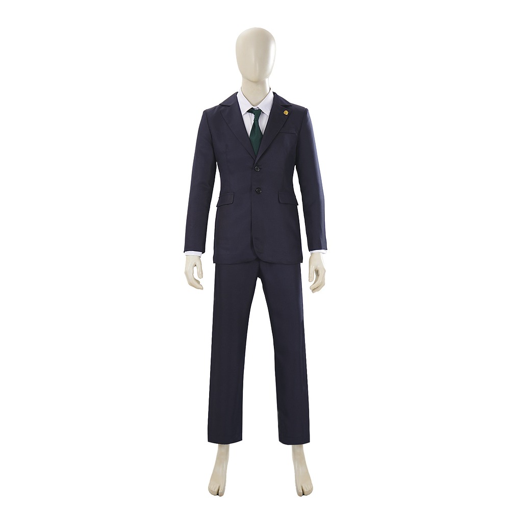 Jujutsu Kaisen Hiromi Higuruma navy lawyer cosplay suit with white shirt, green tie and gold lapel pin