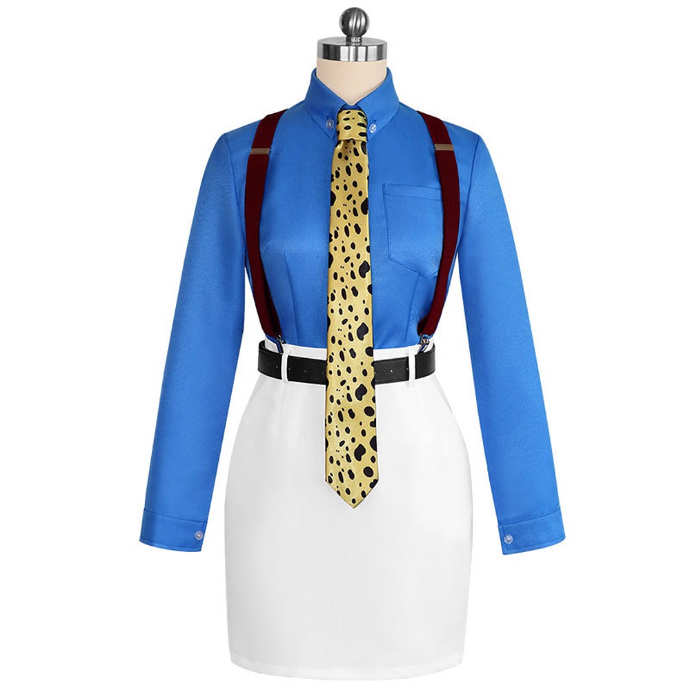 Female Kento Nanami cosplay set with blue shirt, white skirt, tie and suspenders