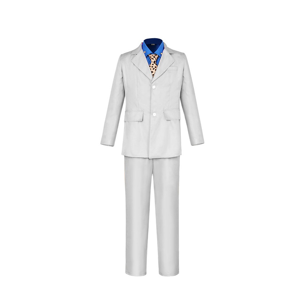 Nanami Kento cream suit cosplay costume with blue shirt, leopard tie and brown harness