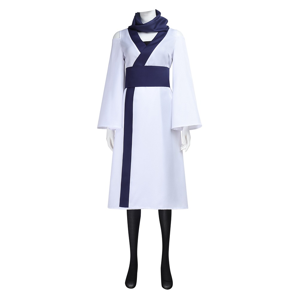 Female Ryomen Sukuna cosplay costume with white kimono robe, black crop top and navy bow sash