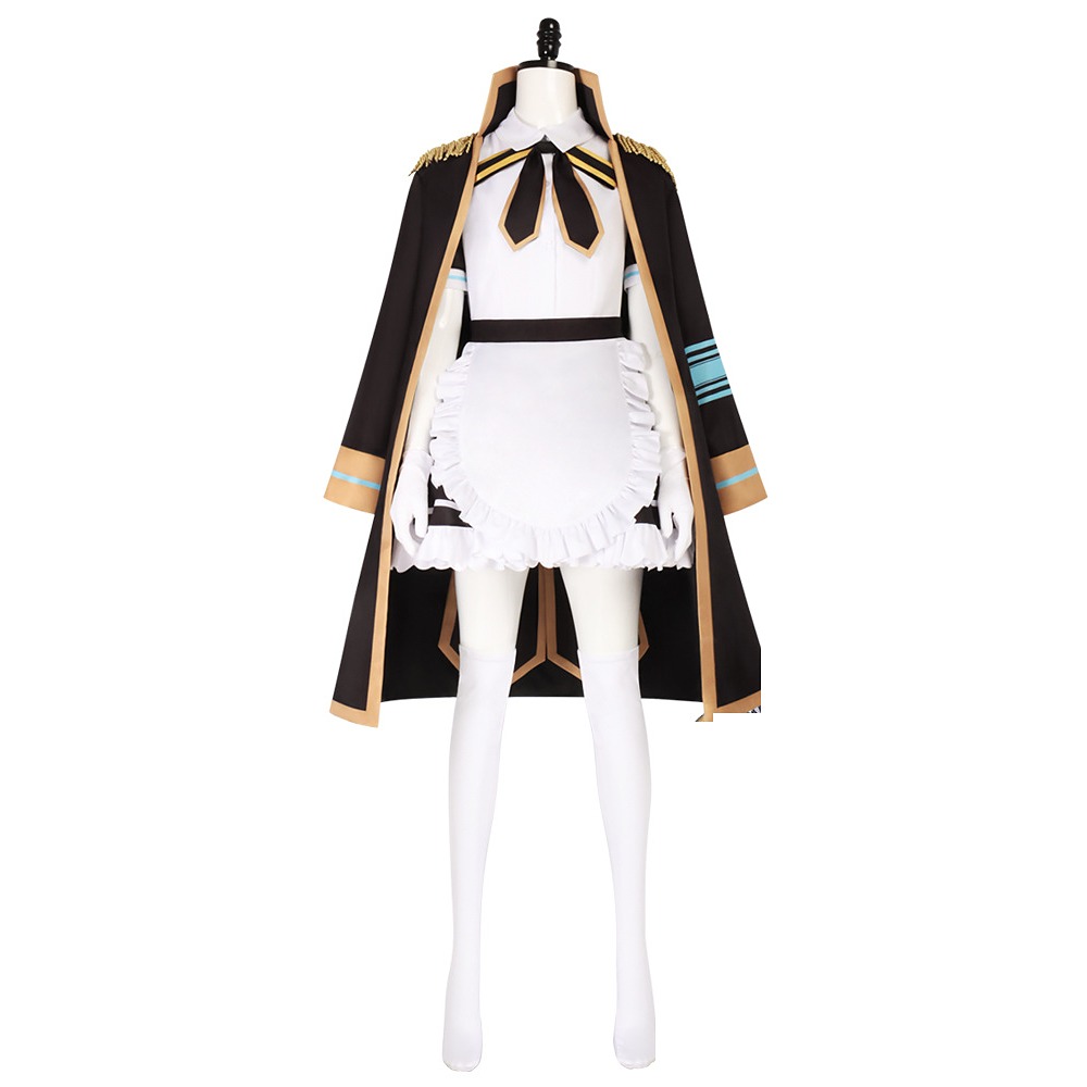 Kagura Mea cosplay costume with black and gold military coat, white and black maid dress and peaked cap