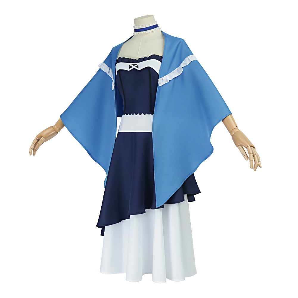 Kamome Kushima cosplay costume with navy strapless dress and blue ruffle shawl