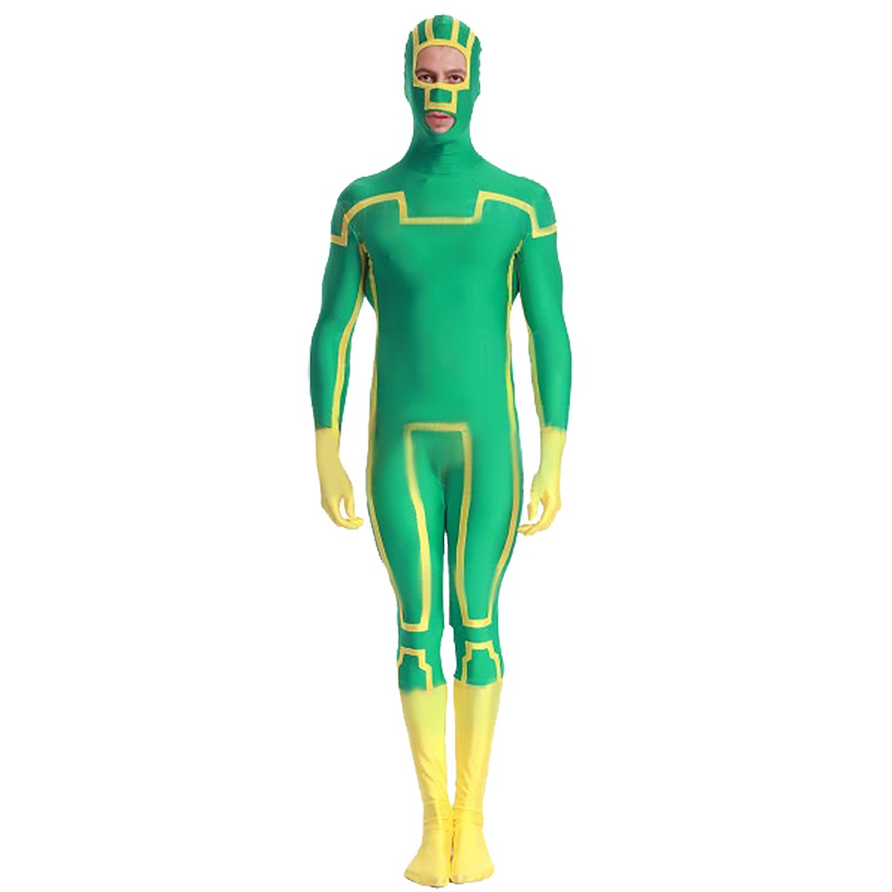 Kick-Ass green and yellow cosplay jumpsuit with hood and printed yellow glove and boot details
