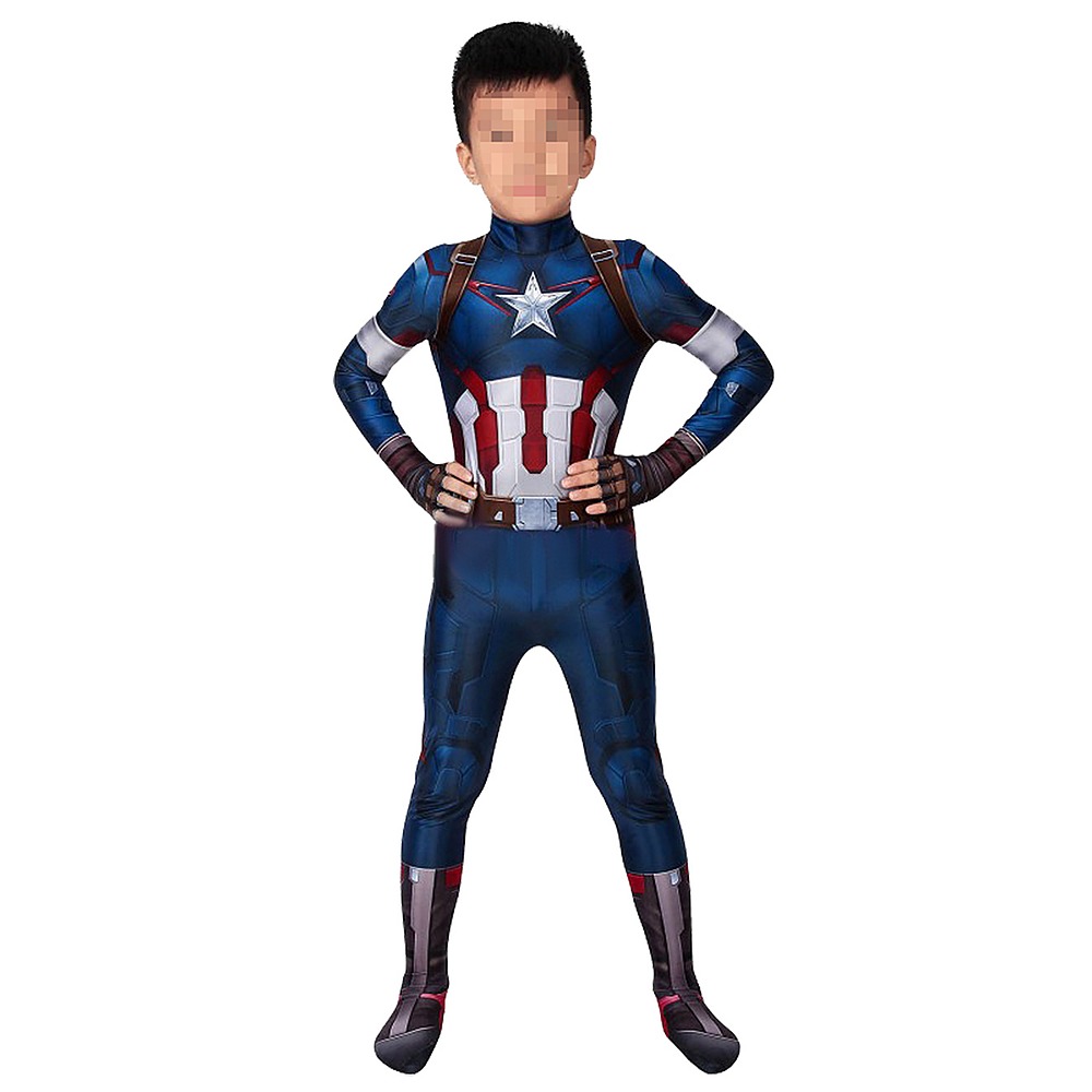 Front view of the kids Captain America Age of Ultron cosplay jumpsuit