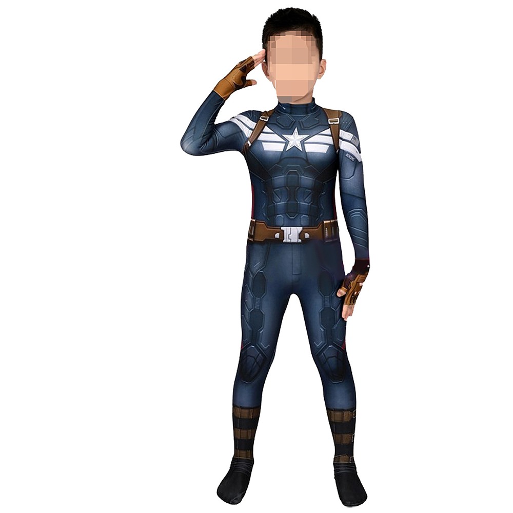 Kids Steve Rogers Winter Soldier stealth bodysuit with a white chest star and brown belt details