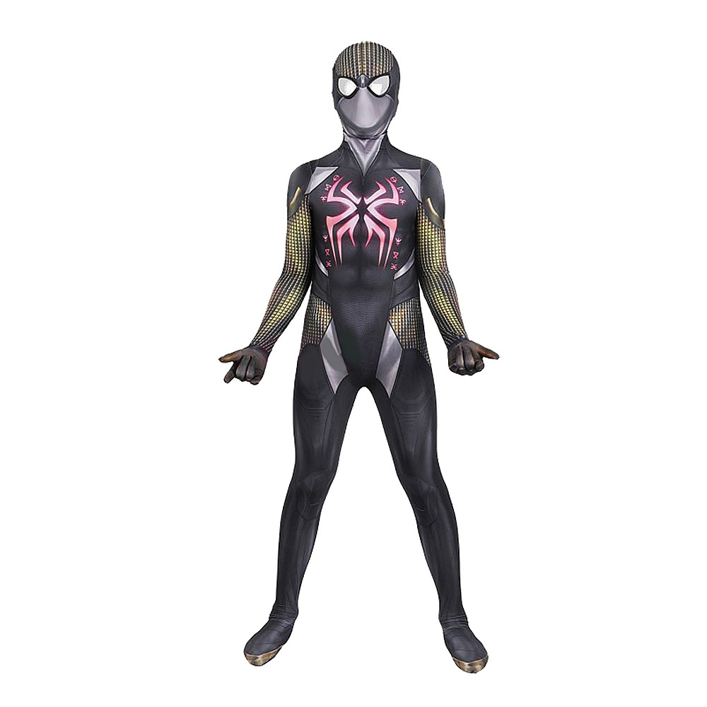 Kids Midnight Suns Spider-Man black jumpsuit with pink-red spider, golden grid panels and hood