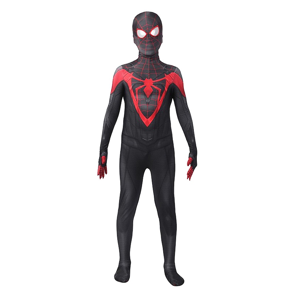 Kids Miles Morales PS5 black and red cosplay jumpsuit with hood, front view