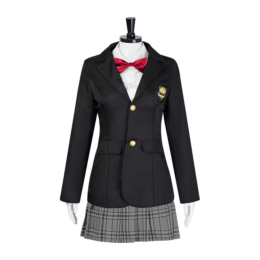 Kill Bill Gogo Yubari cosplay uniform with black blazer, white shirt, plaid skirt and red bow tie