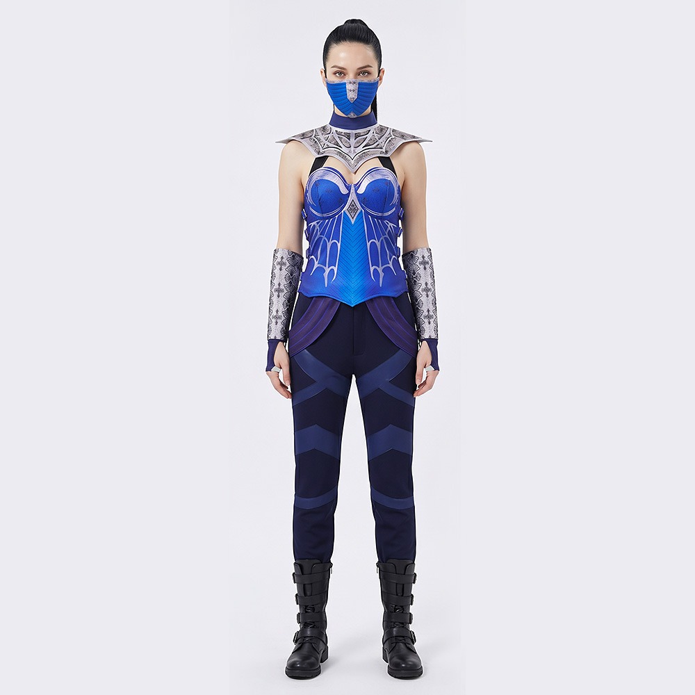Mortal Kombat Kitana blue fighter cosplay costume with neck piece and arm guards