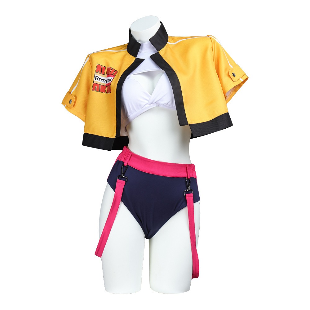 KPop Demon Hunters Rumi summer costume with yellow jacket, white halter top, navy briefs and pink leg straps