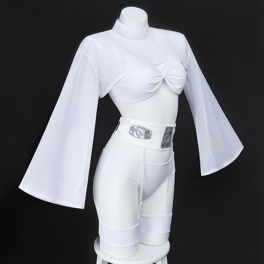 Princess Leia inspired white costume with bell sleeve shrug, bow bra, briefs and garter belt