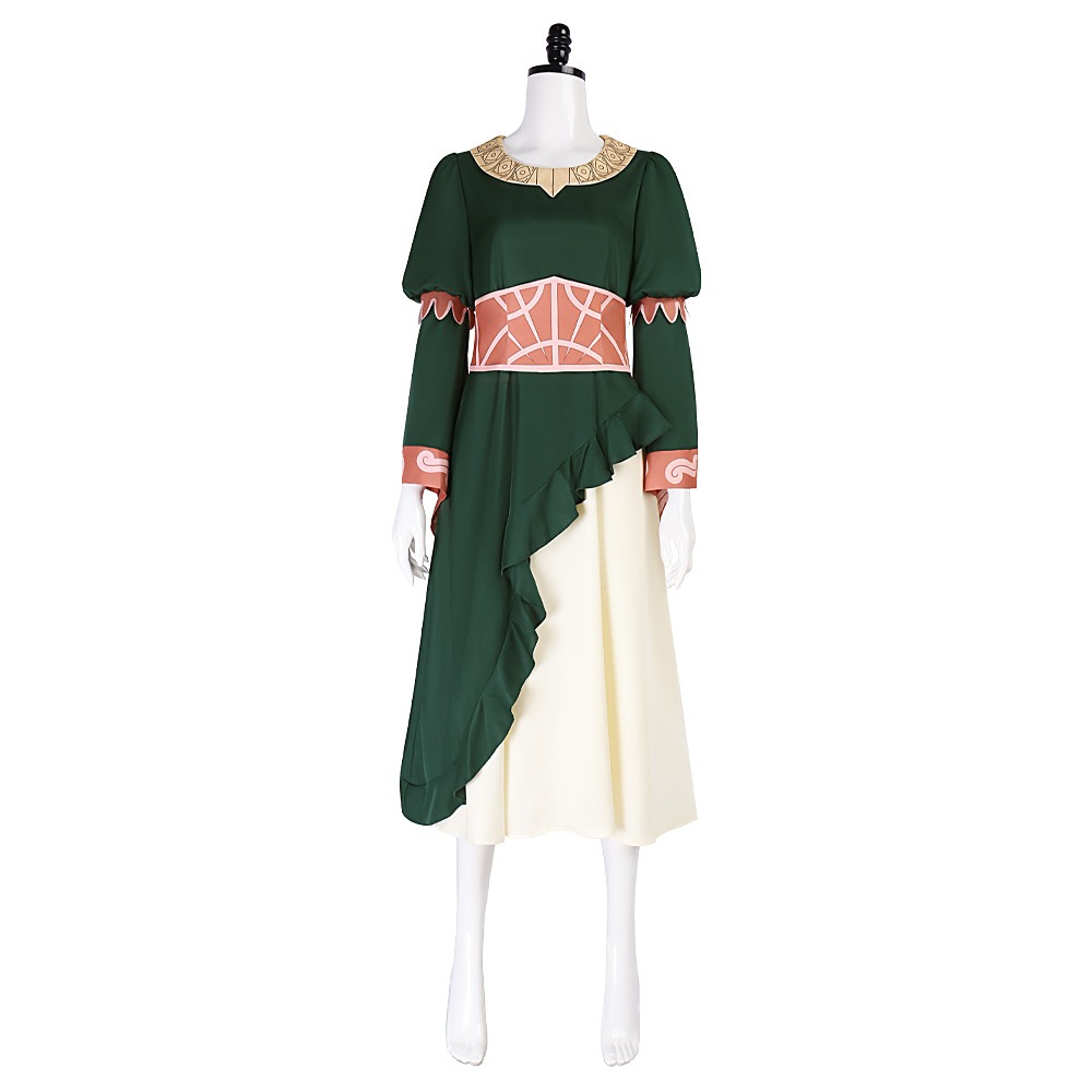 Hera dark green medieval cosplay dress with pink corset belt and pale brown patterned collar