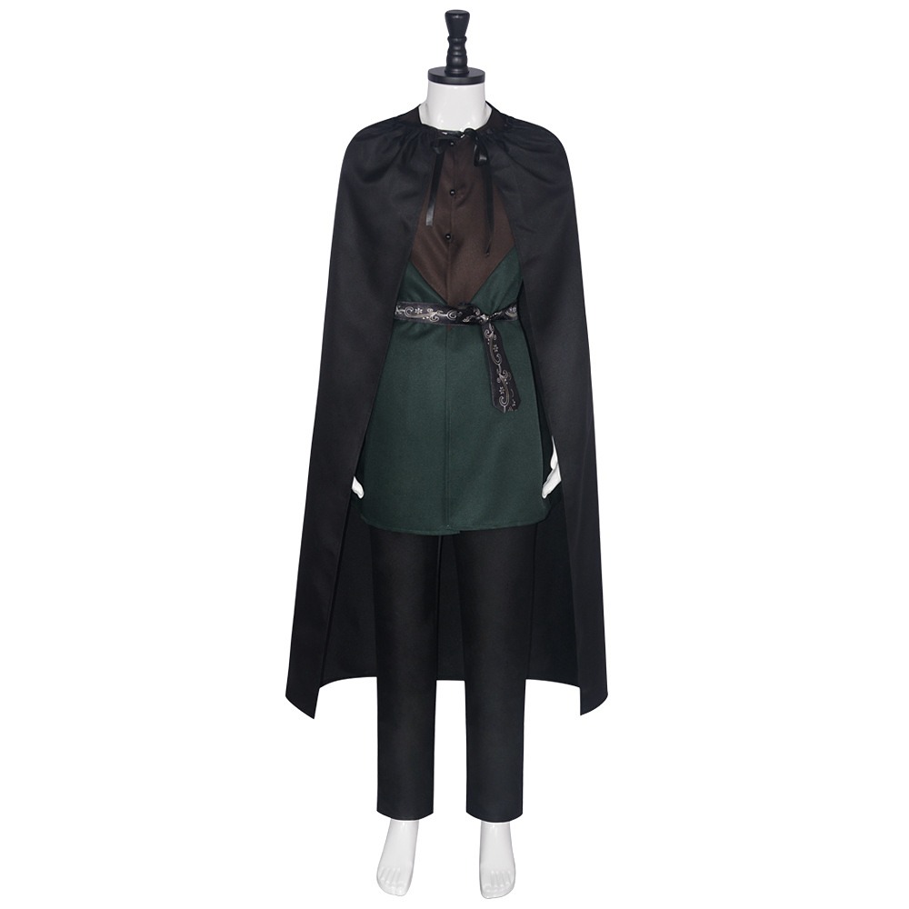 Lord of the Rings Wood Elf costume with green tunic, black cloak and embroidered sash