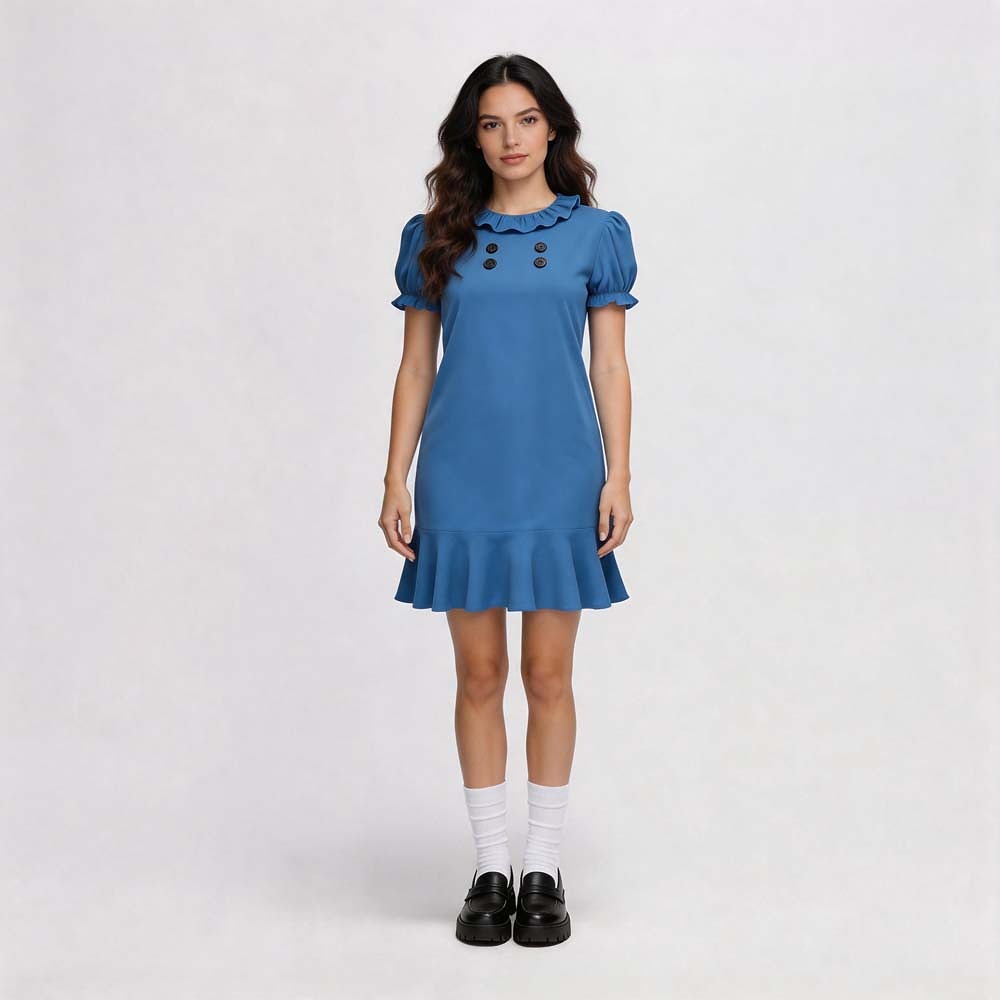 Peanuts Lucy Van Pelt blue cosplay dress with ruffle collar and black buttons