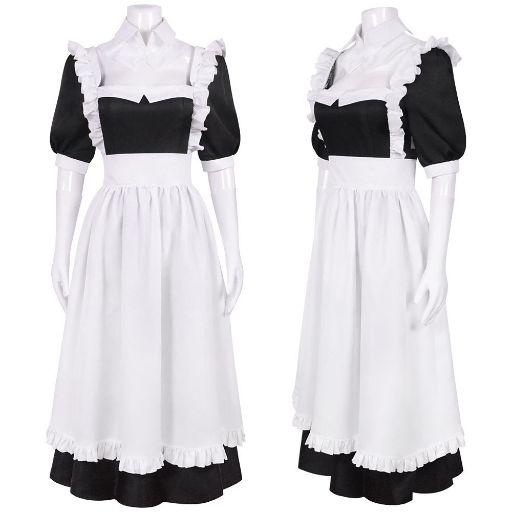 Lilith cosplay costume featuring a long black maid dress and ruffled white apron