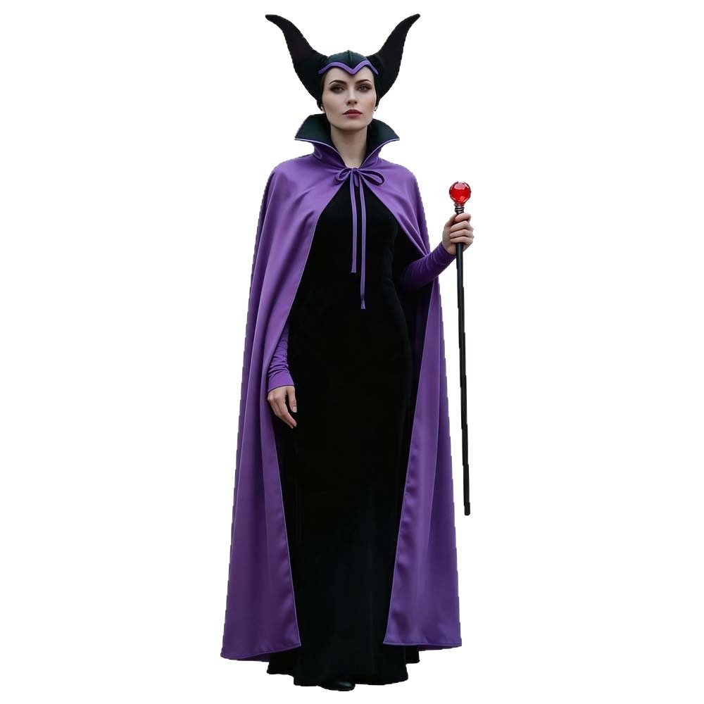 Maleficent cosplay costume with purple cape, black horned headpiece, red orb staff and black dress