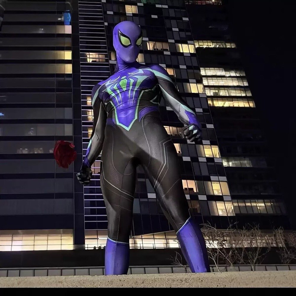 Marvel Rivals Spider-Man Chasm purple and black jumpsuit with hood mask
