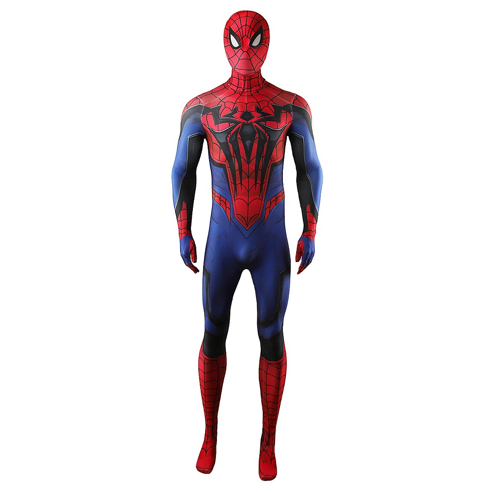 Marvel Rivals Spider-Man red and navy cosplay jumpsuit with large black chest spider and mask