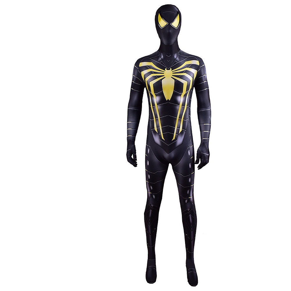 Marvel's Spider-Man PS4 Anti-Ock cosplay bodysuit in black and gold with front spider design