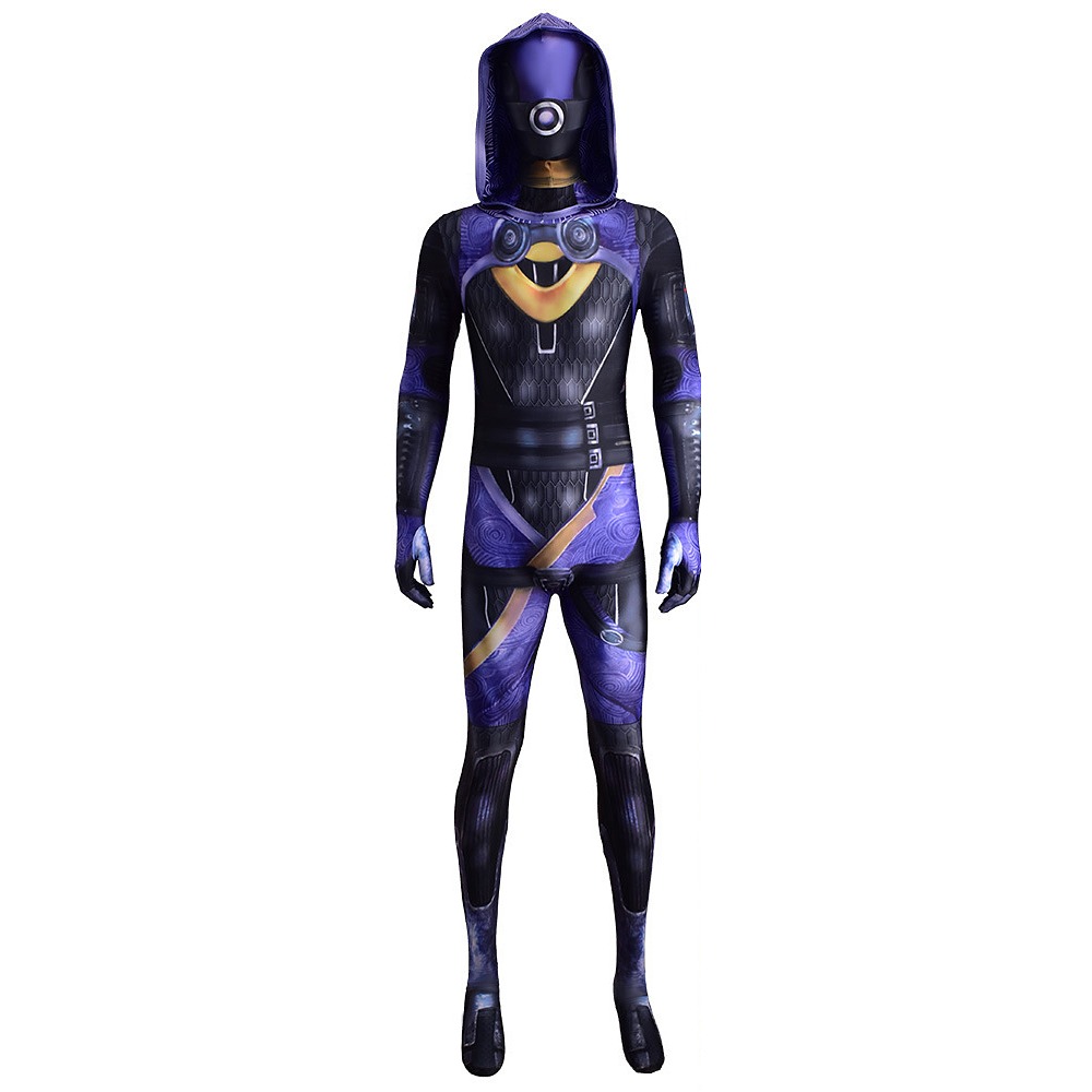 Mass Effect 2 Tali'Zorah purple and black printed jumpsuit with gold neckline and separate hood