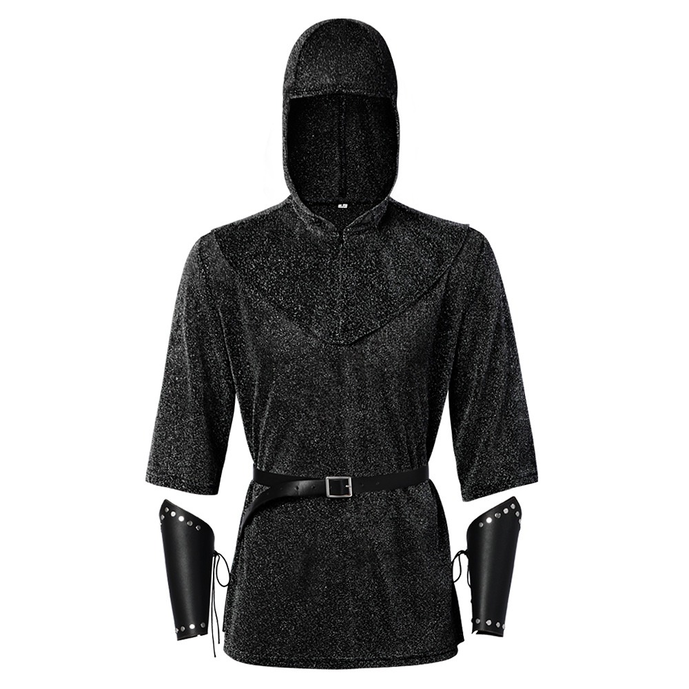 Black medieval Templar knight costume with chainmail-style hooded shirt, belt and studded bracers