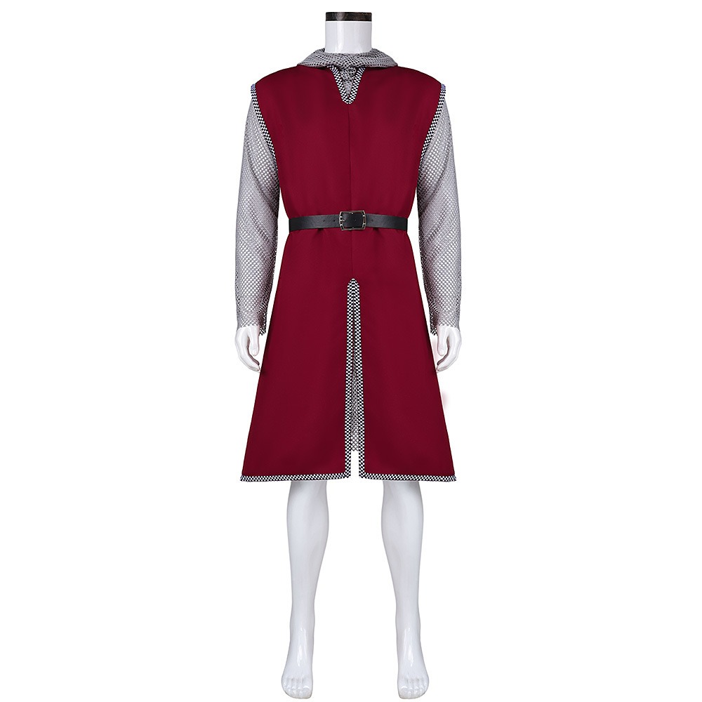 Medieval knight costume with wine red tabard, chainmail-style hooded shirt and belt