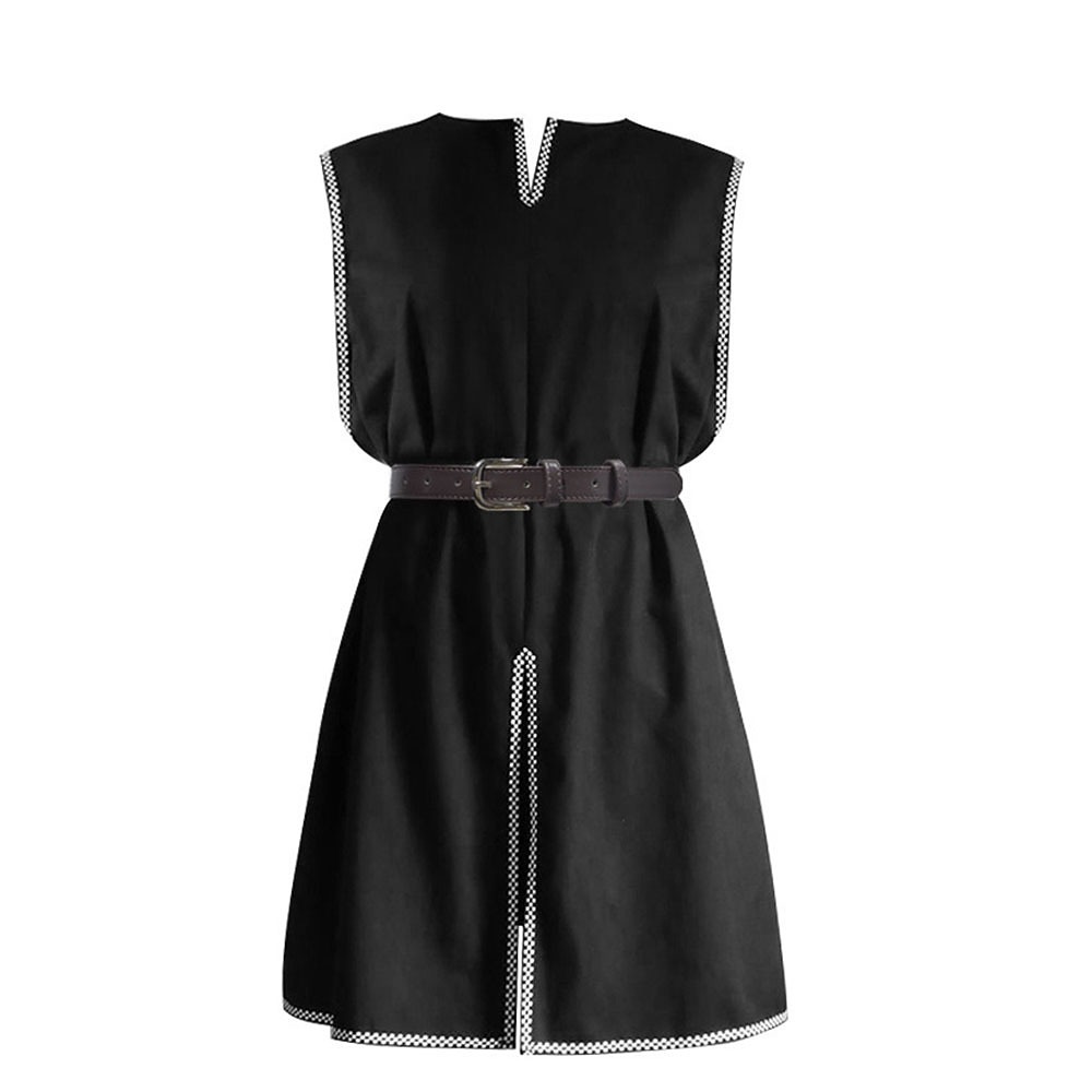 Black medieval men's sleeveless knight tunic with V neckline, contrast trim and front slit