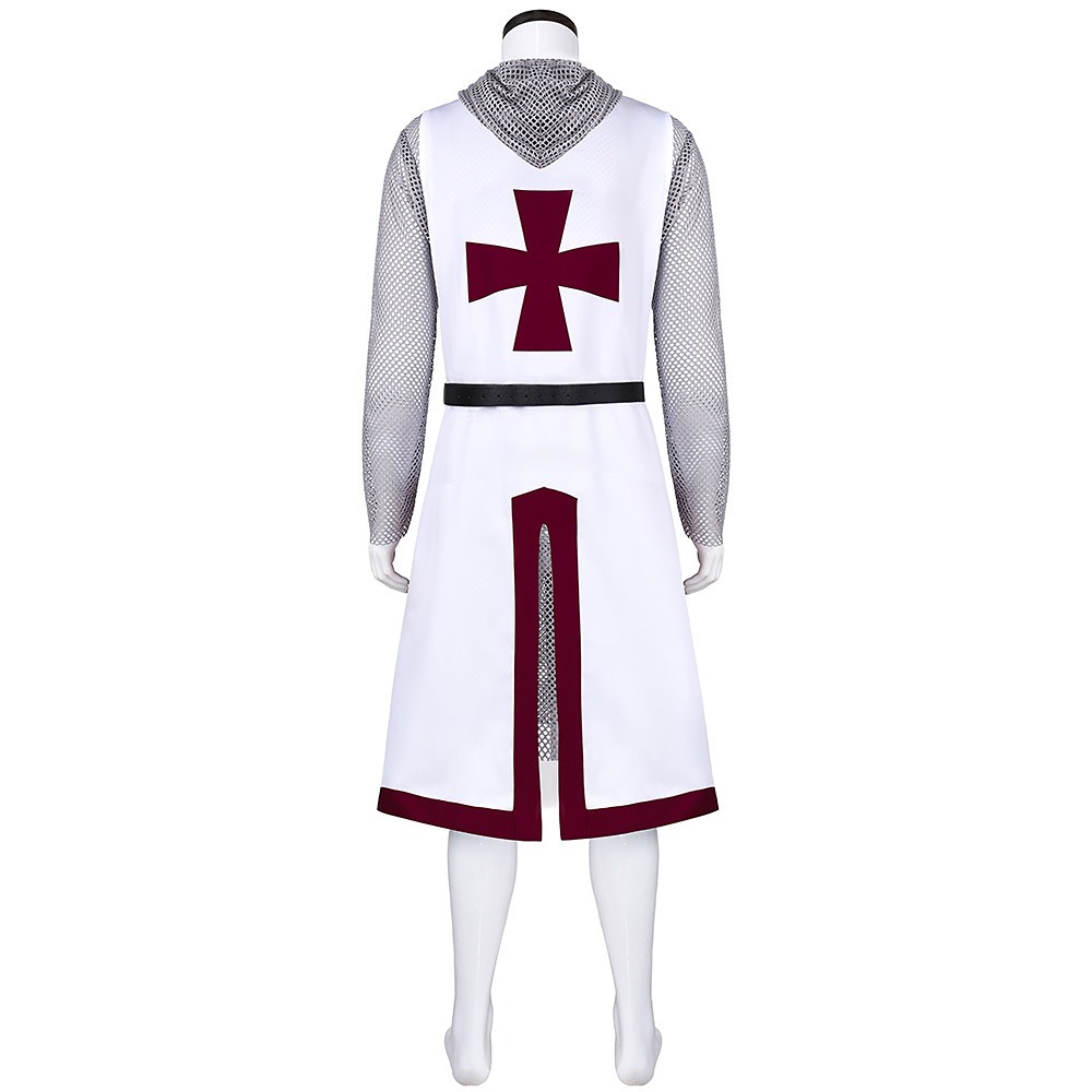 Medieval Templar knight costume with white red-cross tabard, chain-mail-effect hooded top and belt