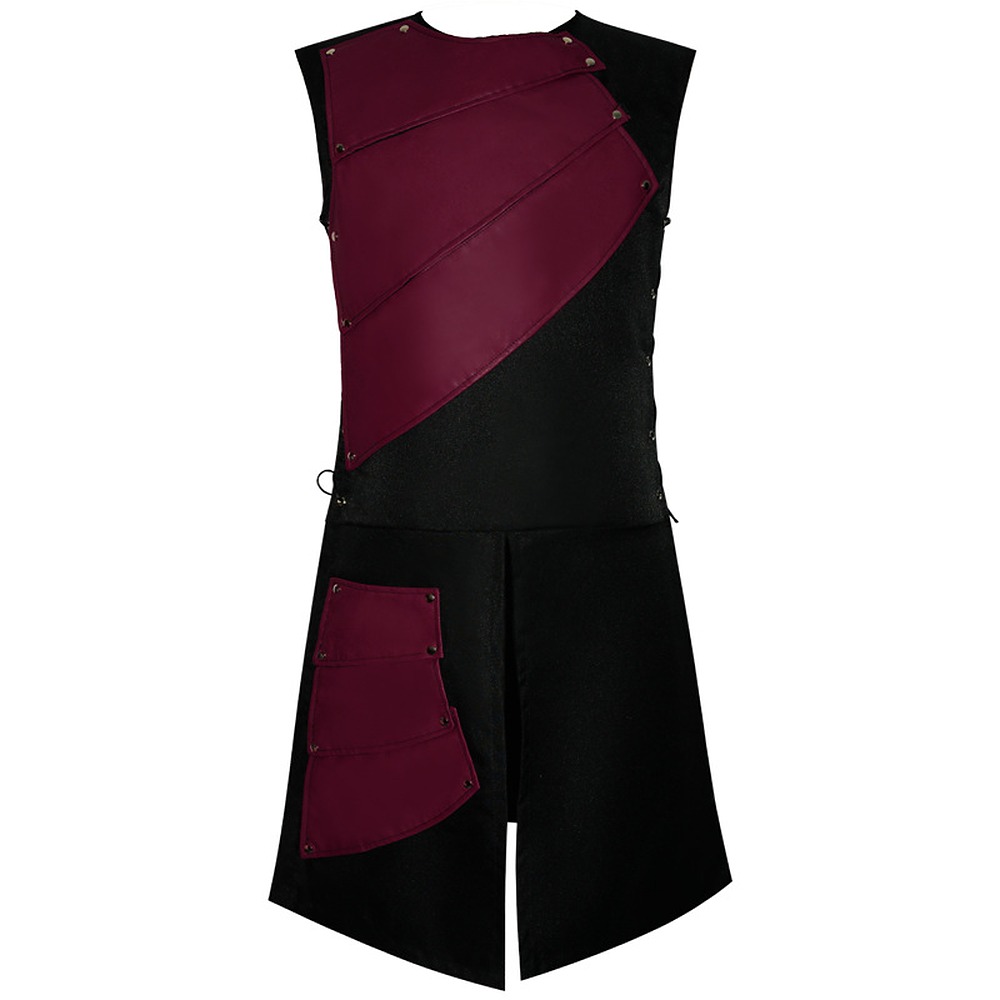Medieval warrior sleeveless black tunic with wine red faux leather panels, front view