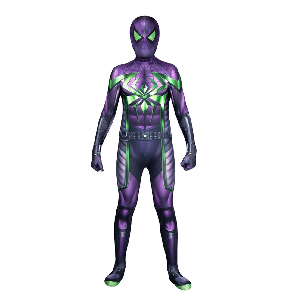 Kids' Miles Morales Purple Reign bodysuit and mask in deep purple with bright green spider details