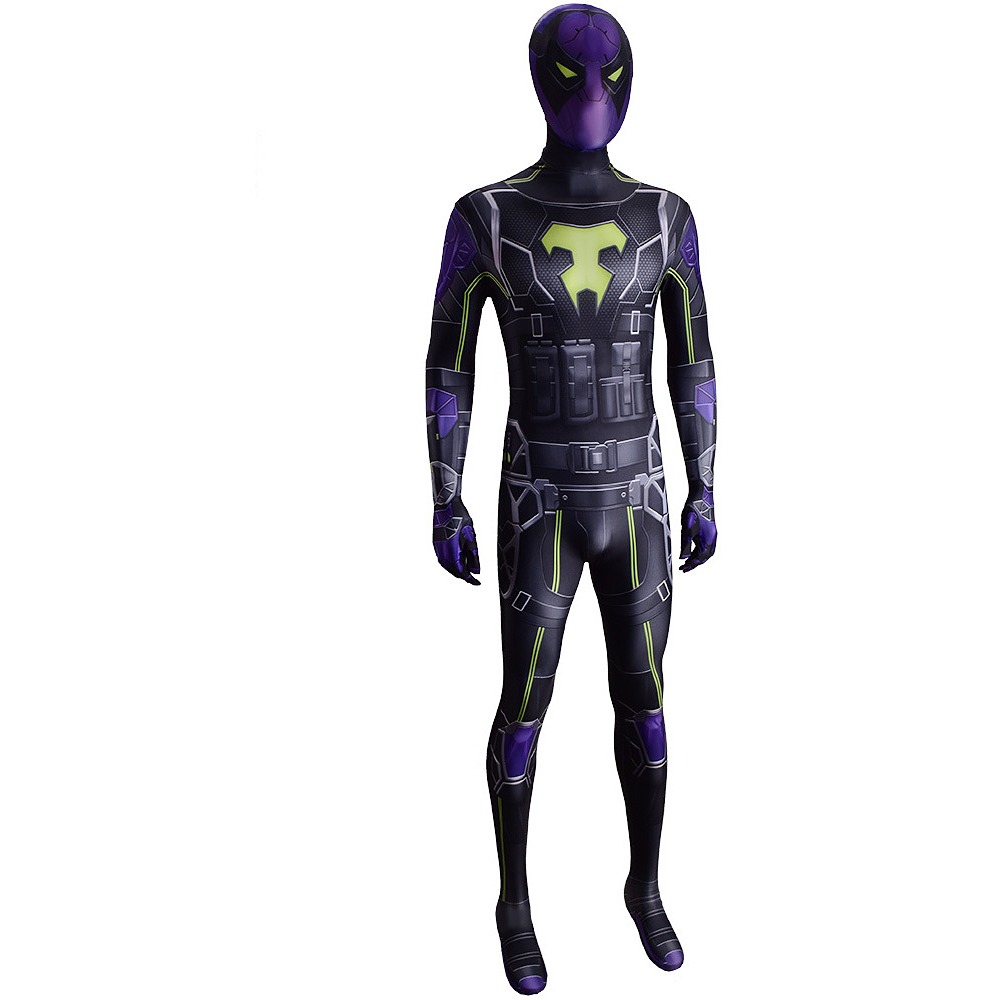 Miles Morales Purple Reign cosplay jumpsuit in black and purple with a yellow-green chest emblem