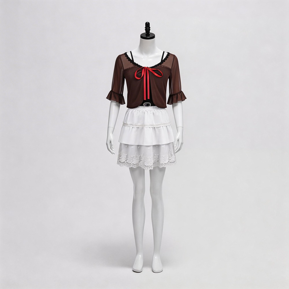 Mio Amakura Fatal Frame II Crimson Butterfly Remake costume with brown sheer top and white tiered skirt