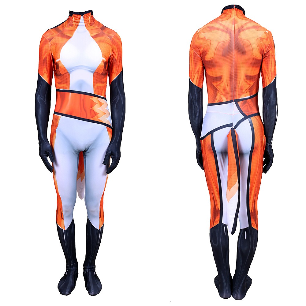 Miraculous Rena Rouge orange fox printed bodysuit with attached tail, shown from the front and back