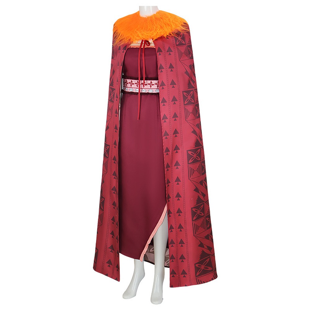 Moana 2 Matangi cosplay costume with red patterned cape, orange fur collar, dress and belt
