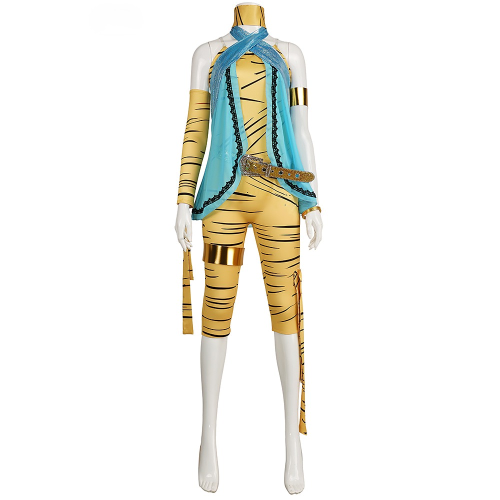 Monster High Cleo De Nile mummy wrap jumpsuit with blue shawl and gold accessories
