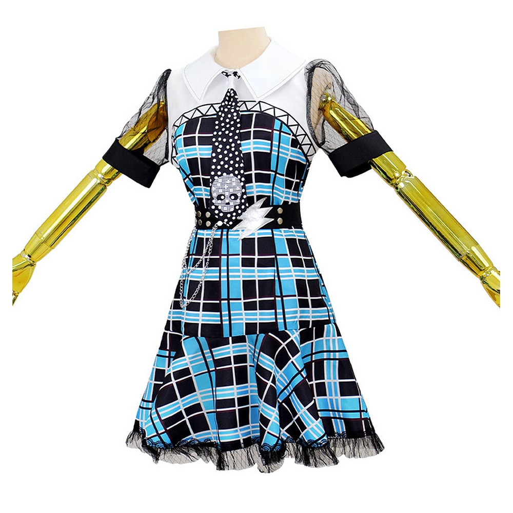 Frankie Stein blue plaid dress costume with skull tie and lightning bolt belt