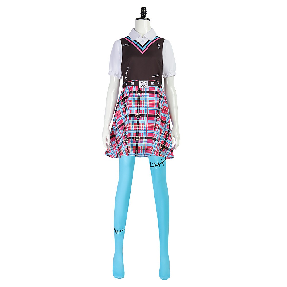 Monster High Frankie Stein plaid uniform dress with vest, belt, hair clips and blue socks