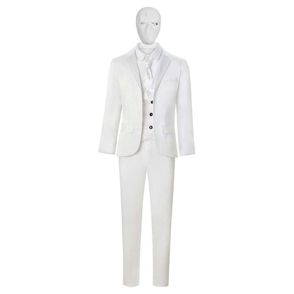 Moon Knight Mr. Knight cosplay costume with white jacket, waistcoat, trousers, tie, full face mask and gloves