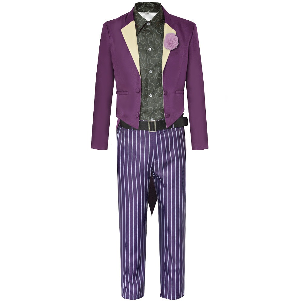 Mortal Kombat 11 Joker cosplay set with purple tailcoat, cream lapels, green paisley shirt and striped pants