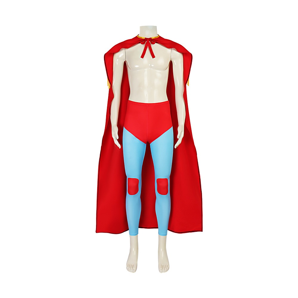 Nacho Libre luchador costume with blue wrestling mask, red fringed cape and blue tights